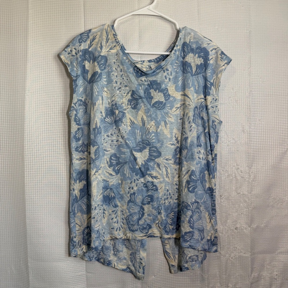 Sigrid Olsen Linen Top Floral Print Button Back Sleeveless Blouse XL Coastal
